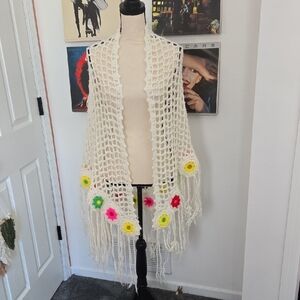 Handmade Cream Crochet Fringe Wrap with Neon Flower Accents